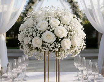 White Rose and Baby's Breath Flower Ball Centerpiece, Wedding Table Decor