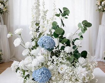 White Wedding Floor Flower Arrangement,Blue Hydrangea Ground Florals, Table Centerpiece