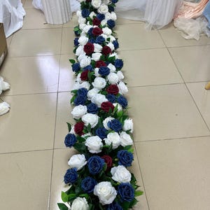 White Blue Rose Flower Garland,Table Flower Runner,Wedding Flower Arch,Table Flower Row Runner,Wedding Centerpieces,Rose Wedding Arrangement
