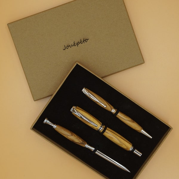 Stylo plume, stylo bille et ouvre lettre en Olivier , Coffret Prestige !