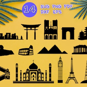 WORLD LANDMARKS SVG, travel svg, vacation clipart svg, world attractions svg, landmarks silhouette, landmark silhouette, italy svg, stencil