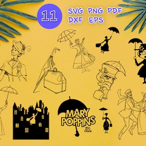 MARRY POPPINS SVG, cartoon wereld svg, poppins silhouet, kinderen ontwerp svg, mary poppins clipart, sticker, cut file, overzicht, ijzer-on, ontwerp