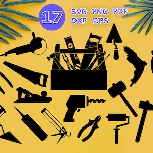HERRAMIENTAS DE TRABAJO SVG, llave svg, taladro de batería svg, destornillador svg, alicates svg, Hammer svg, saw svg, silueta, imágenes prediseñadas, plantilla, vector, dxf
