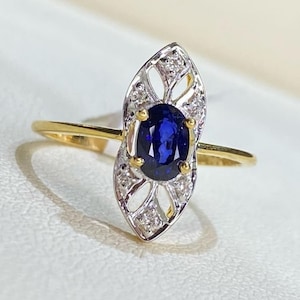Art Deco Sapphire Ring: Oval Blue Sapphire & Lab Diamond - Sterling Silver or Gold