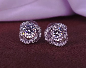 Moissanite Halo Stud Earrings: Sterling Silver or Gold, Zircon Accents