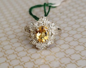 Oval Citrine & Zircon Ring: Sterling Silver Bridal Jewelry