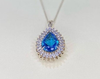 Teardrop Swiss Blue Topaz Halo Pendant: Sterling Silver or Gold