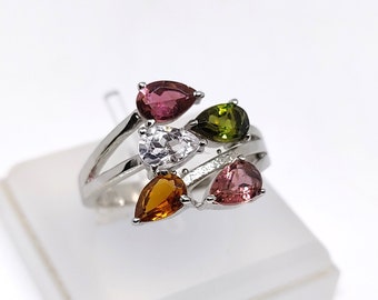 Multi Tourmaline Pear-Shaped Ring: 925 Sterling Silver Gemstone