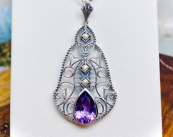 Art Deco Amethyst Filigree Pendant: Vintage Style Sterling Silver Necklace