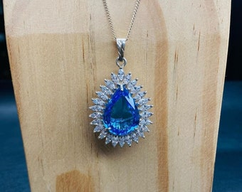 Blue Topaz Teardrop Pendant Necklace: Sterling Silver Halo, December Birthstone