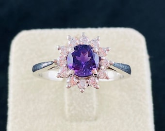 Amethyst Sterling Silver Ring: Round Purple Gemstone, Handmade Wedding Jewelry