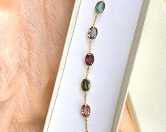 Multicolor Tourmaline Bracelet | Oval Gemstone Gold Chain Bracelet | Dainty Handmade Jewelry | October Birthstone Gift