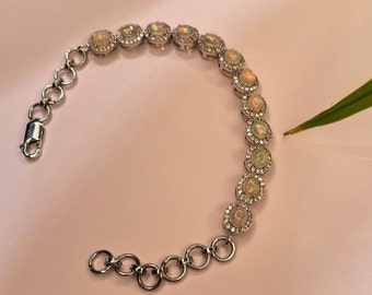 Ethiopian Opal Bracelet: Sterling Silver Halo, Adjustable Gemstone Jewelry