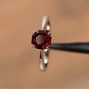 Cushion Cut Natural Red Garnet Sterling Silver Ring