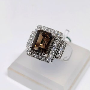 Smoky Quartz Engagement Ring: Emerald Cut Silver Solitaire