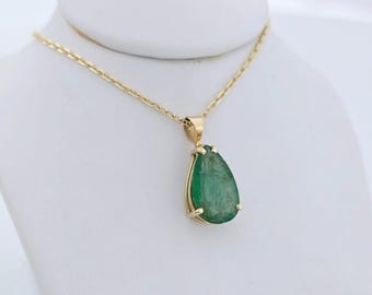 Natural Zambian Emerald 14k Gold Pear Pendant Necklacel