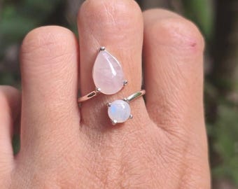Rose Quartz Moonstone Open Ring: Sterling Silver Gold Healing Crystal