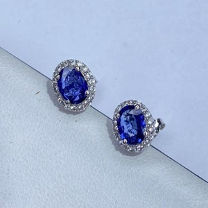 Blue Sapphire Halo Stud Earrings – Oval Cut with Zircon – 925 Silver or 9k/14k/18k Gold – Classic Birthstone Jewelry Gift