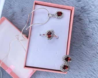 Garnet Jewelry Set: Sterling Silver Ring, Pendant & Earrings - Red Gemstone Halo
