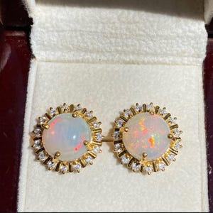 Natural Ethiopian Opal 14k Yellow Gold Stud Earrings with Moissanite