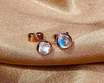 Blue Fire Moonstone 14k Gold Stud Earrings: June Birthstone