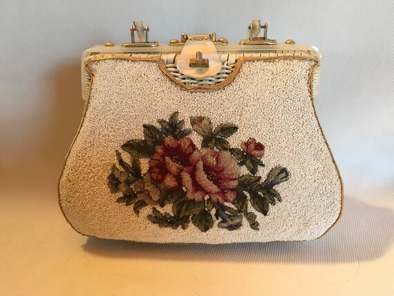 1950’s White Beaded Chintz Rose Handmade Embroider