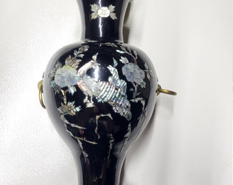 Vintage Brass Mother of Pearl Inlay Black Peacock Vase