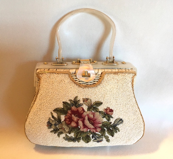 1950’s White Beaded Chintz Rose Handmade Embroider