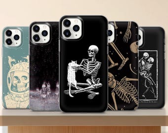 Dark Aesthetic Skeleton Phone Case | Gothic Cat Dance of Death iPhone 16 15 14 Samsung S25 S24 | Alternative Spooky Cover