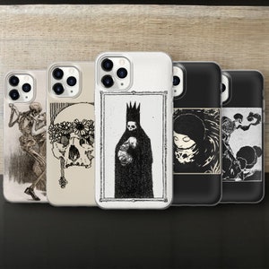 May include: Set of five phone cases with different black and white illustrations. The illustrations include a skull with flowers, a hooded figure holding a smaller figure, a woman with a crown, and a skull with wings.