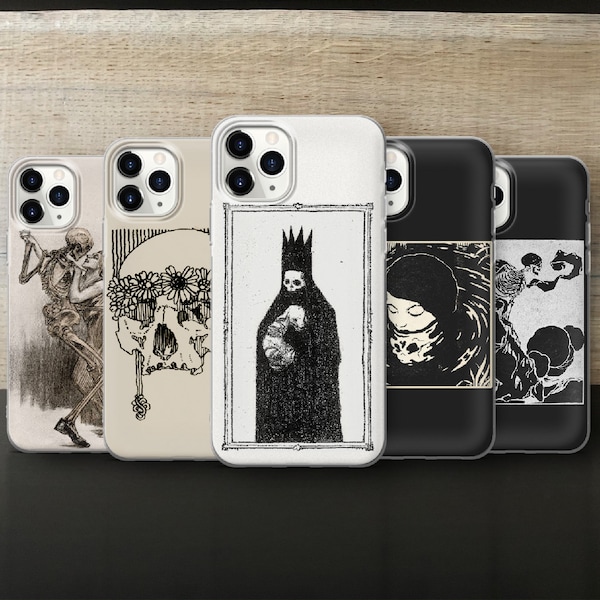 Artsy Skeletons, creepy, scary aesthetic, goth vibe, death artwork tough phone case for iPhone 12, 13, 14, Samsung S22, S23, S23