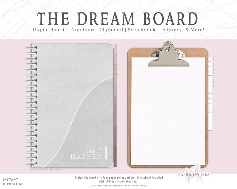 May include: A digital clipboard with four paper styles and a digital notebook. The clipboard has a gray background with a white curved line and the text "Make it Happen". The notebook has a gray cover with a white spiral binding.