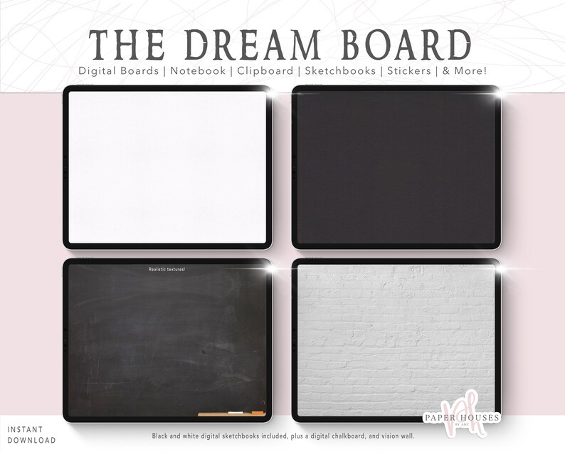 May include: Four digital backgrounds for a dream board. The backgrounds include a white board, a black board, a black textured surface, and a white brick wall.
