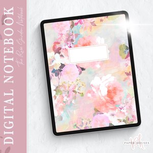 May include: A digital notebook cover with a floral design featuring pink, white, and green flowers on a light blue background. The cover has a blank space for a title. The text "The Rose Garden Notebook" is visible on the left side of the image.