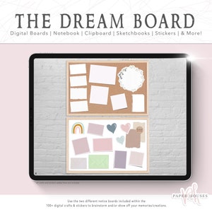 May include: A digital illustration of two corkboards with different designs. The top board has a cork background with white frames and a white lace doily. The bottom board has a white background with colorful stickers and a rainbow design. The text "THE DREAM BOARD" is at the top of the image.