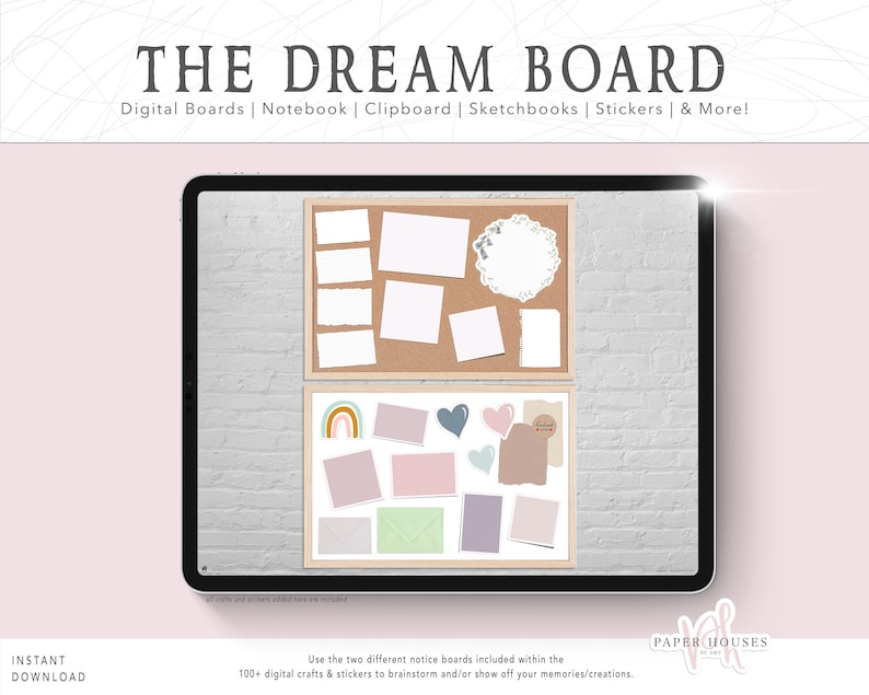 May include: A digital illustration of two corkboards with different designs. The top board has a cork background with white frames and a white lace doily. The bottom board has a white background with colorful stickers and a rainbow design. The text "THE DREAM BOARD" is at the top of the image.