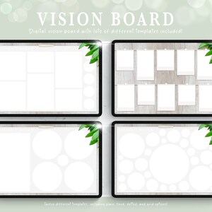 May include: A digital vision board template with four different layouts. The layouts include a grid of squares, a grid of rectangles, a grid of circles, and a grid of different sized circles. The background of each layout is a light wood grain.