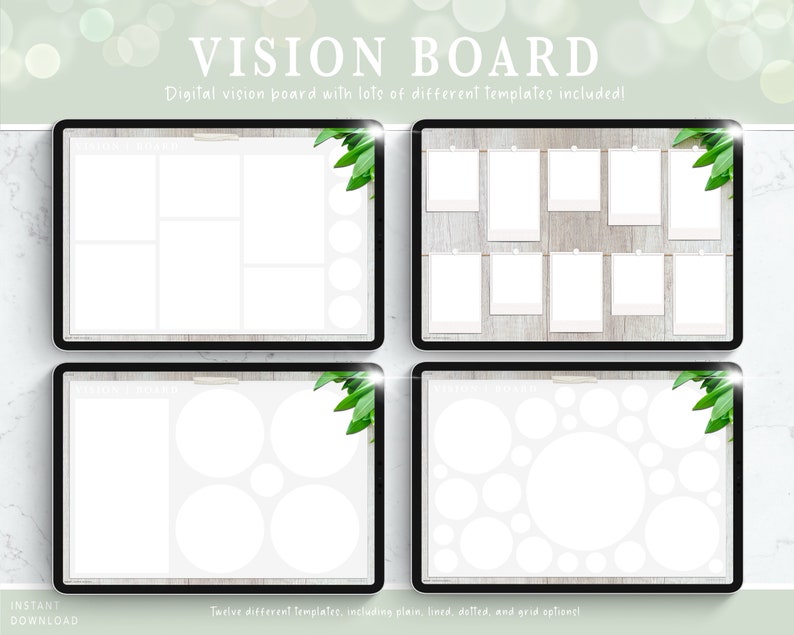 May include: A digital vision board template with four different layouts. The layouts include a grid of squares, a grid of rectangles, a grid of circles, and a grid of different sized circles. The background of each layout is a light wood grain.