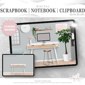 Könnte beinhalten: Digitales Scrapbook-, Notizbuch- und Clipboard-Studio-Paket. Das Bild zeigt einen digitalen Arbeitsplatz mit einem Computer, einem Schreibtisch, einem Stuhl und Pflanzen. Der Text "STICKERS INCLUDED" ist in einer Sternform sichtbar.