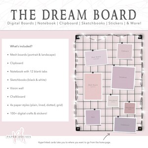 May include: A black metal grid with a variety of digital boards, including mesh boards, a clipboard, a notebook, sketchbooks, a vision wall, and a chalkboard. The grid is decorated with string lights and has a caption that reads "The Dream Board".
