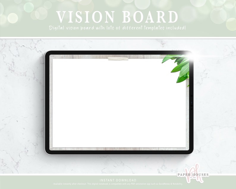 May include: A digital vision board template on a tablet screen with a wood grain background and green leaves in the corner. The text "VISION BOARD" and "INSTANT DOWNLOAD" are visible on the screen.
