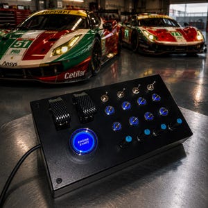 Könnte beinhalten: Eine schwarze, rechteckige Button-Box mit einem großen, kreisförmigen, blau beleuchteten Motorstartknopf, zwei Kippschaltern in Carbonfaser-Optik, mehreren kleineren blauen LED-Drucktasten sowie drei schwarzen Drehreglern mit blauen Markierungen.