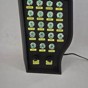 Pc Usb button box 3D printed carbon style tilted centre console 27 functions back-lit Green toggles & 2x dual encoders for DCS +  stickers