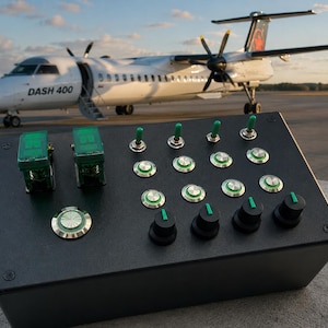 May include: A black rectangular control panel featuring two large green guarded toggle switches, four small metal toggle switches, eight circular push buttons with green accents, and four black rotary knobs with green indicators.