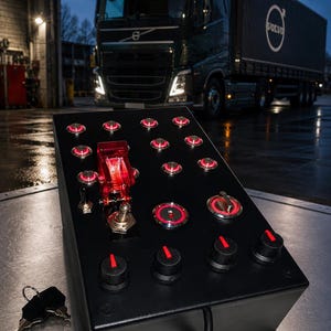 May include: A black control panel featuring multiple illuminated red push buttons, a large red safety toggle switch, two rotary dials with red indicators, and four black knobs with red markers. A set of two metal keys rests on the surface nearby.