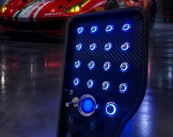 Pc Usb button box 3D printed carbon style tilted centre console 31 functions back-lit Blue + Neon stickers sheet for Sim Racing