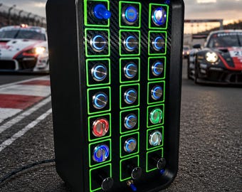 Pc Usb button box 3D printed carbon style with neon squares (it glows under UV) 29 functions back-lit Blue for Sim Racing