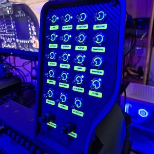 Pc Usb button box 3D printed carbon style tilted centre console 27 functions back-lit Green toggles & 2x dual encoders for DCS +  stickers