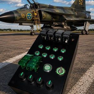 May include: A black control panel featuring four carbon-fibre textured toggle switches at the top, eight illuminated green circular buttons, two green translucent guarded switches, a central green button, a rotary dial, and four black knobs.