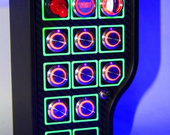 Pc Usb button box 3D printed carbon style with Neon squares that glow under UV 18 functions back-lit Red for Sim Racing